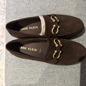 Anne Klein Dark Brown Suede Loafers with Gold Horsebit
